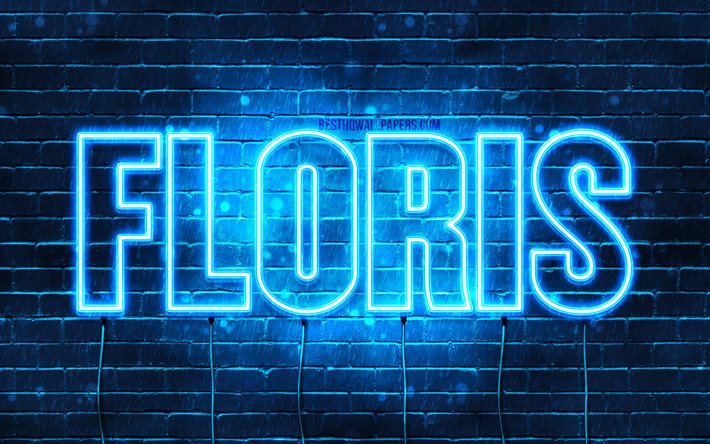 Floris, 4k, 壁紙名, Joep名, 青色のネオン, お誕生日おめでFloris, 人気のオランダの男性の名前, 写真Floris名