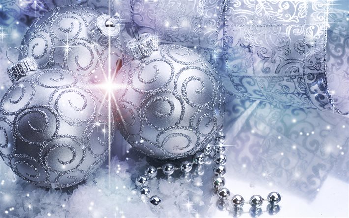 4k, 銀のクリスマスボール, グレア, ボケ, 銀錦糸, クリスマス灯, 謹賀新年, クリスマスの飾り, クリスマスボール, 銀のクリスマスの背景, 新年の概念, メリークリスマス