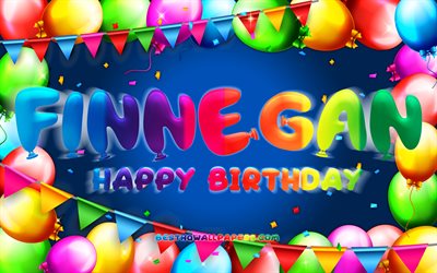 Happy Birthday Finnegan, 4k, colorful balloon frame, Finnegan name, blue background, Finnegan Happy Birthday, Finnegan Birthday, popular american male names, Birthday concept, Finnegan