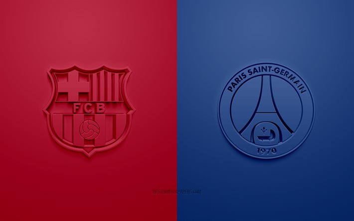 FC Barcelone vs Paris Saint-Germain, Ligue des Champions, huiti&#232;me de finale, logos 3D, fond bleu bordeaux, match de football, FC Barcelone, Paris Saint-Germain, Barcelone vs PSG
