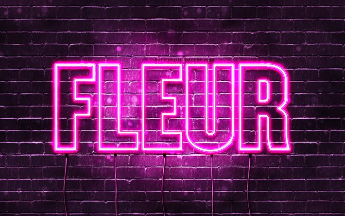 Fleur, 4k, pap&#233;is de parede com nomes, nomes femininos, nome Fleur, luzes de n&#233;on roxas, Feliz Anivers&#225;rio Fleur, nomes femininos holandeses populares, imagem com o nome Fleur