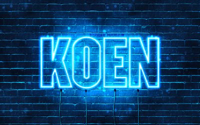 Koen, 4k, pap&#233;is de parede com nomes, nome de Koen, luzes de n&#233;on azuis, Feliz Anivers&#225;rio Koen, nomes masculinos holandeses populares, foto com o nome de Koen