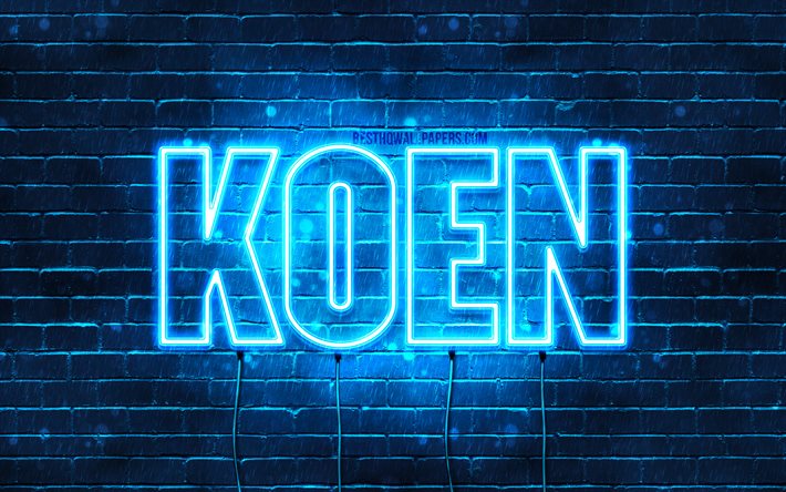 Koen, 4k, pap&#233;is de parede com nomes, nome de Koen, luzes de n&#233;on azuis, Feliz Anivers&#225;rio Koen, nomes masculinos holandeses populares, foto com o nome de Koen