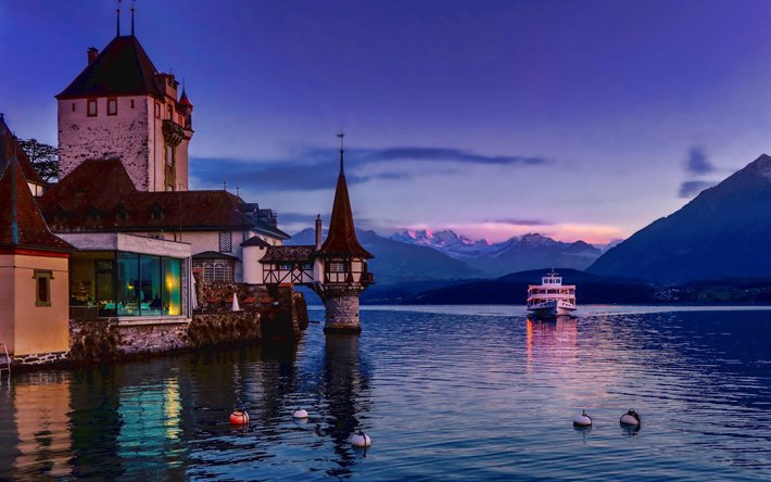 Lake Thun, Oberhofen Castle, Thunersee, Alps, evening, boat, lake, mountain landscape, Swiss castles, mountains, Switzerland