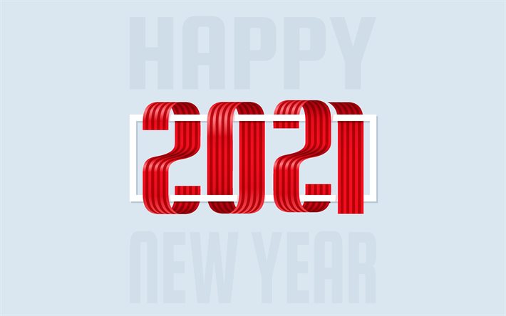 Mutlu Yıllar 2021, 4k, gri arkaplan, kırmızı kurdele harfler, 2021 Yeni Yıl, 2021 yaratıcı sanat