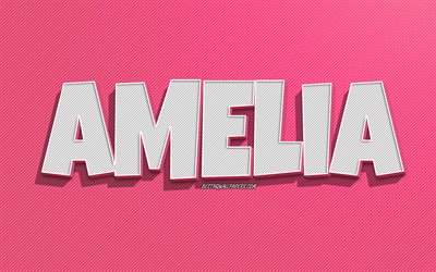 Amelia, pink lines background, wallpapers with names, Amelia name, female names, Amelia greeting card, line art, picture with Amelia name