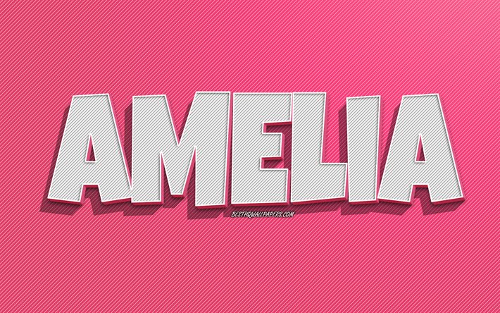 Amelia, fond de lignes roses, fonds d&#39;&#233;cran avec des noms, nom d&#39;Amelia, noms f&#233;minins, carte de voeux Amelia, dessin au trait, photo avec le nom d&#39;Amelia