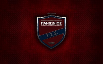 Panionios FC, Greek football club, red metal texture, metal logo, emblem, Athens, Greece, Super League Greece, creative art, football, Panionios Athens