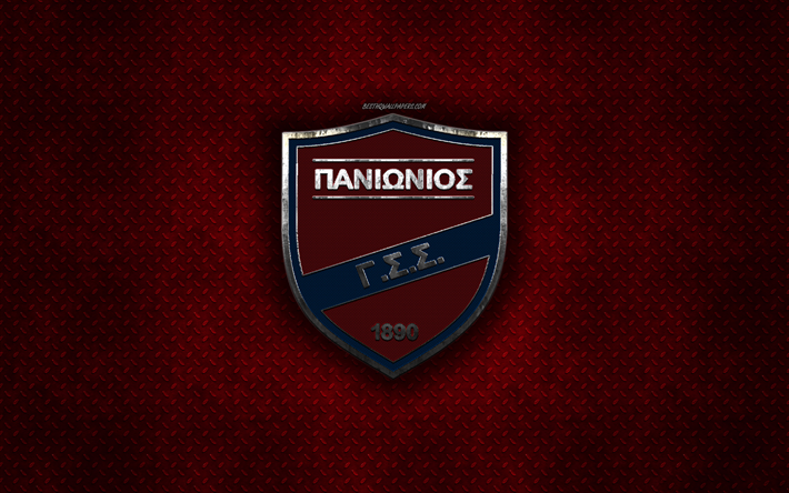 Panionios FC, Grekisk fotboll club, r&#246;d metall textur, metall-logotyp, emblem, Aten, Grekland, Super League Grekland, kreativ konst, fotboll, Panionios Aten