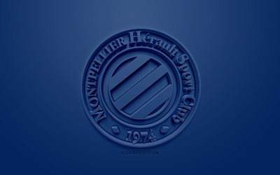 Montpellier HSC, creative 3D logo, blue background, 3d emblem, French football club, Ligue 1, Montpellier, France, 3d art, football, stylish 3d logo