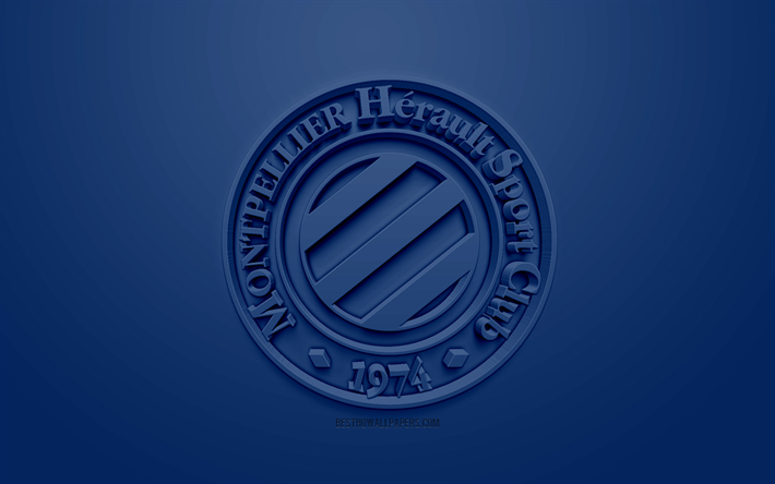 Montpellier HSC, الإبداعية شعار 3D, خلفية زرقاء, 3d شعار, نادي كرة القدم الفرنسي, الدوري 1, مونبلييه, فرنسا, الفن 3d, كرة القدم, أنيقة شعار 3d