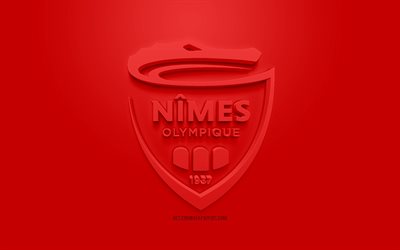 Nimes Olympique, creative 3D logo, red background, 3d emblem, French football club, Ligue 1, Nimes, France, 3d art, football, stylish 3d logo