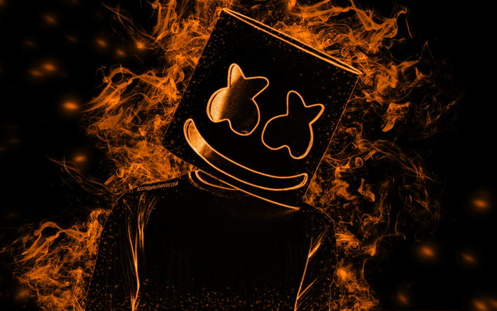 Marshmello, 4k, American DJ, orange smoke, black background, silhouette out of smoke, silhouette Marshmello, hat, creative art, Christopher Comstock