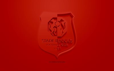 Stade Rennais&#39;ten FC, yaratıcı 3D logo, kırmızı bir arka plan, 3d amblem, Fransız Futbol Kul&#252;b&#252;, 1 İzle, Rennes, Fransa, 3d sanat, futbol, 3d logo şık