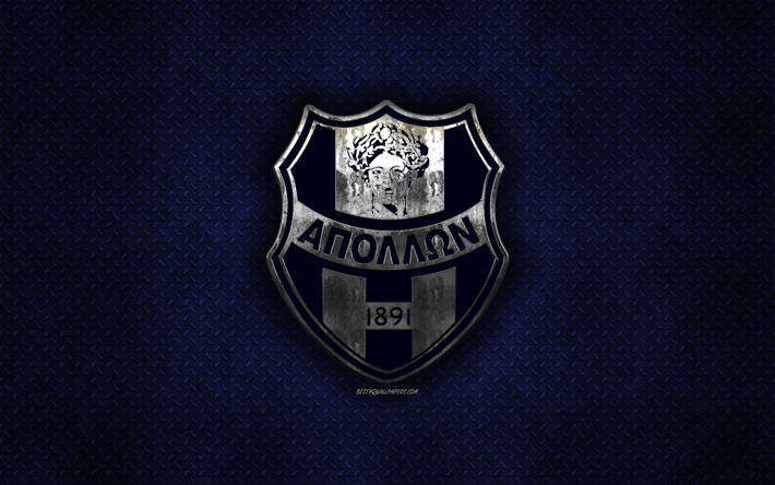 Apollon Smyrni FC, Yunan Futbol Kul&#252;b&#252;, mavi metal doku, metal logo, amblem, Atina, Yunanistan, Yunanistan S&#252;per Lig, yaratıcı sanat, futbol