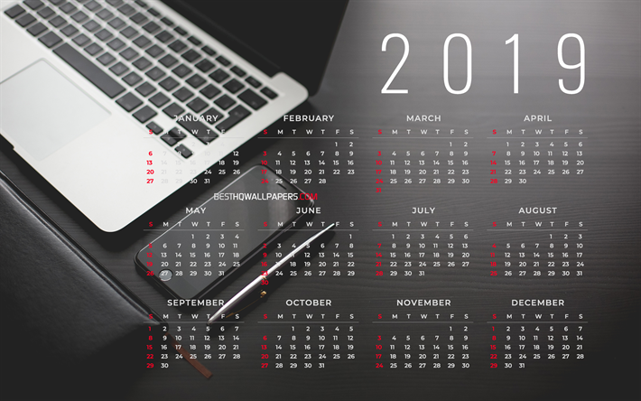事業2019年カレンダー, 4k, グレー背景, 2019年の年間カレンダー, ノート, スマートフォン, グレーのカレンダー2019年, 2019年カレンダー, 年2019年カレンダー