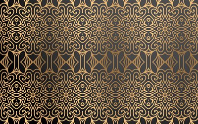 ouro textura floral, ornamentos de ouro padr&#227;o, fundo preto, padr&#245;es de, luxo dourado textura