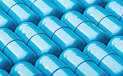 blue capsules, 4k, medicine, blue pills, close-up, capsules, medical preparations, pills