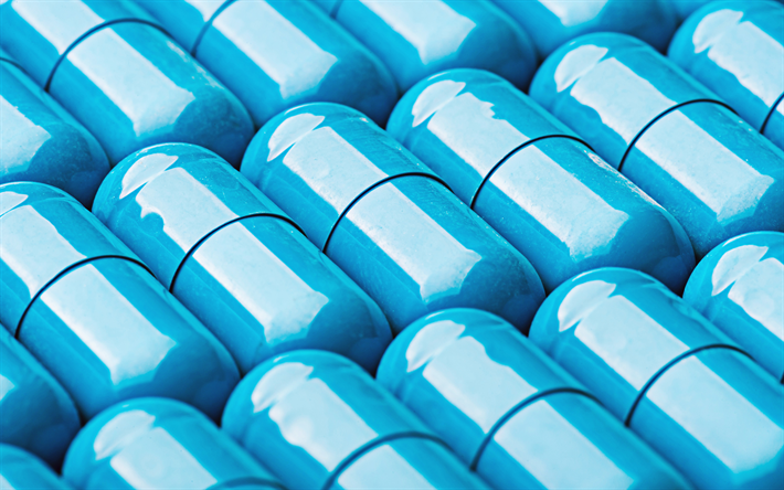 g&#233;lules bleues, 4k, la m&#233;decine, la pilule bleue, close-up, des capsules, des pr&#233;parations m&#233;dicales, les pilules