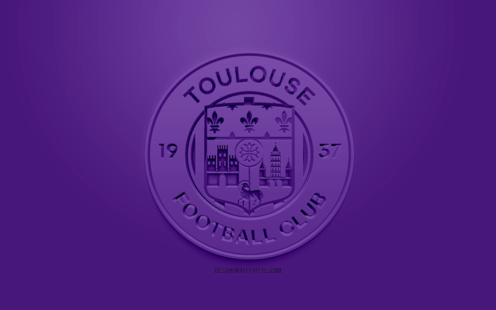 Toulouse FC, kreativa 3D-logotyp, lila bakgrund, 3d-emblem, Franska fotbollsklubben, Liga 1, Toulouse, Frankrike, 3d-konst, fotboll, snygg 3d-logo