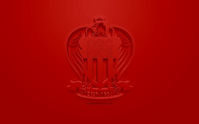 OGC Nice, الإبداعية شعار 3D, خلفية حمراء, 3d شعار, نادي كرة القدم الفرنسي, الدوري 1, لطيفة, فرنسا, الفن 3d, كرة القدم, أنيقة شعار 3d