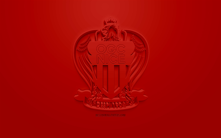OGCも, 創作3Dロゴ, 赤の背景, 3dエンブレム, フランスのサッカークラブ, 1部リーグ, Nice, フランス, 3dアート, サッカー, お洒落な3dロゴ