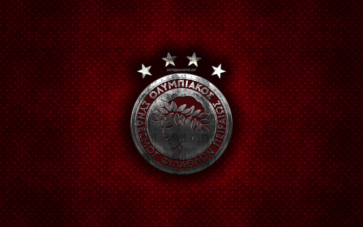Olympiacos FC, Greek football club, red metal texture, metal logo, emblem, Piraeus, Greece, Super League Greece, creative art, football, Olympiakos Piraeus