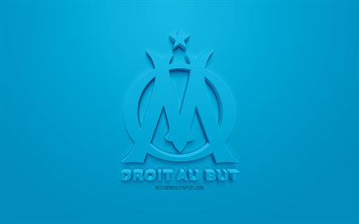 Olympique de Marseille, OM, creative 3D logo, blue background, 3d emblem, French football club, Ligue 1, Marseille, France, 3d art, football, stylish 3d logo