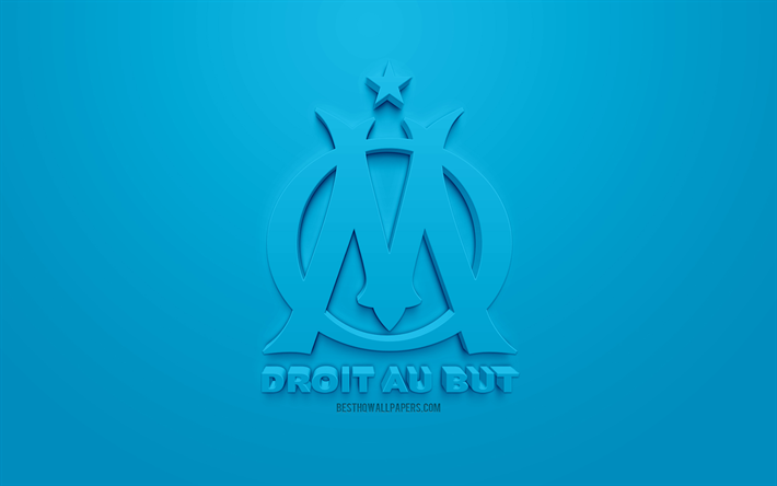 Olympique de Marseille, OM, luova 3D logo, sininen tausta, 3d-tunnus, Ranskan football club, League 1, Marseille, Ranska, 3d art, jalkapallo, tyylik&#228;s 3d logo