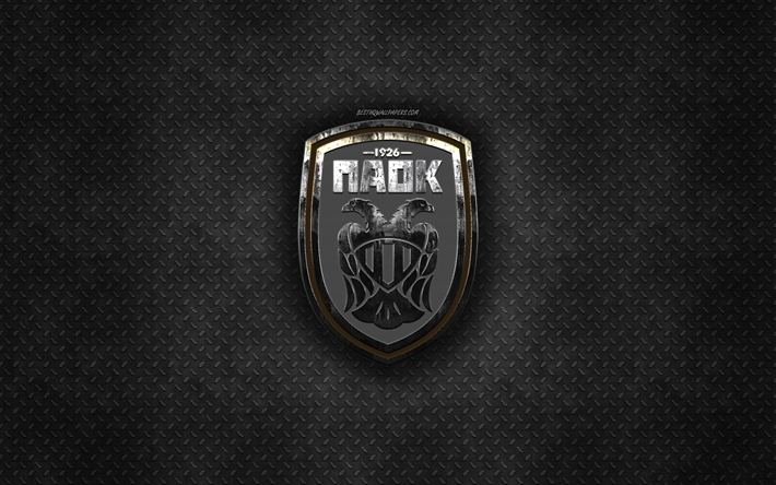 PAOK FC, Yunan Futbol Kul&#252;b&#252;, siyah metal doku, metal logo, amblem, Selanik, Yunanistan, Yunanistan S&#252;per Lig, yaratıcı sanat, futbol