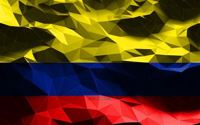 4k, bandeira colombiana, low poly art, países da América do Norte, símbolos nacionais, Bandeira da Colômbia, bandeiras 3D, bandeira da Colômbia, Colômbia, América do Norte, bandeira 3D da Colômbia