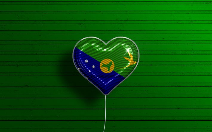 I Love Christmas Island, 4k, realistic balloons, green wooden background, Asian countries, Christmas Island flag heart, favorite countries, flag of Christmas Island, balloon with flag, Christmas Island flag, Love Christmas Island