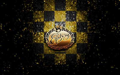 Elfsborg FC, glitter logo, Allsvenskan, yellow black checkered background, soccer, swedish football club, Elfsborg logo, mosaic art, football, IF Elfsborg