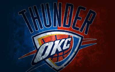 Oklahoma City Thunder, &#233;quipe am&#233;ricaine de basket-ball, fond de pierre bleu orange, logo d&#39;Oklahoma City Thunder, art grunge, NBA, basket-ball, USA, embl&#232;me d&#39;Oklahoma City Thunder
