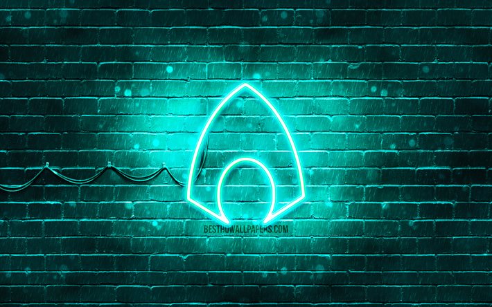 Logo turchese Aquaman, 4k, brickwall turchese, logo Aquaman, supereroi, logo al neon Aquaman, Aquaman