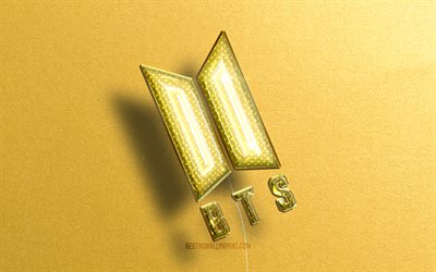 Logo BTS 3D, Bangtan Boys, ballons r&#233;alistes jaunes, 4k, &#233;toiles de la musique, logo BTS, logo Bangtan Boys, arri&#232;re-plans de pierre jaune, BTS