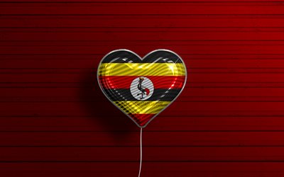 J&#39;aime l&#39;Ouganda, 4k, ballons r&#233;alistes, fond en bois rouge, pays africains, coeur de drapeau ougandais, pays pr&#233;f&#233;r&#233;s, drapeau de l&#39;Ouganda, ballon avec drapeau, drapeau ougandais, Ouganda, amour de l&#39;Ouganda