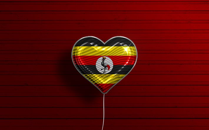 J&#39;aime l&#39;Ouganda, 4k, ballons r&#233;alistes, fond en bois rouge, pays africains, coeur de drapeau ougandais, pays pr&#233;f&#233;r&#233;s, drapeau de l&#39;Ouganda, ballon avec drapeau, drapeau ougandais, Ouganda, amour de l&#39;Ouganda