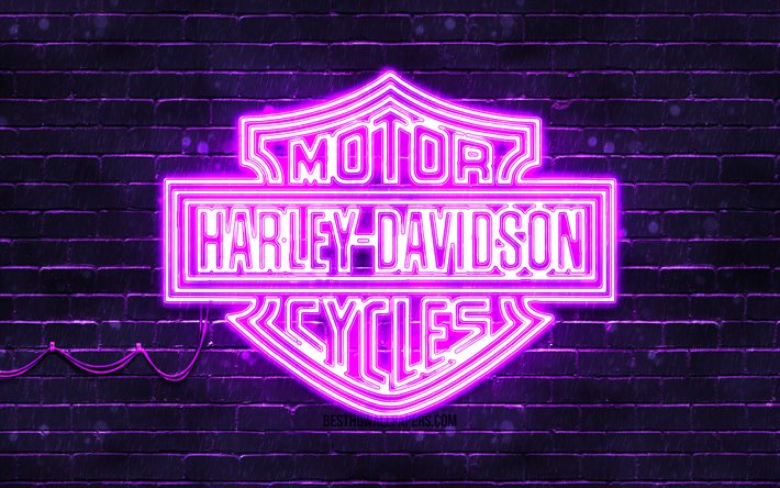 Logo viola Harley-Davidson, 4k, brickwall viola, logo Harley-Davidson, marchi di motociclette, logo al neon Harley-Davidson, Harley-Davidson