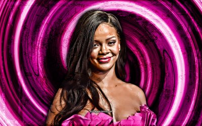 4k, Rihanna, purple grunge background, american singer, music stars, vortex, Robyn Rihanna Fenty, creative, Rihanna 4K
