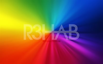 Logo R3hab, 4k, vortex, DJ n&#233;erlandais, arri&#232;re-plans arc-en-ciel, Fadil El Ghoul, stars de la musique, illustrations, superstars, R3hab