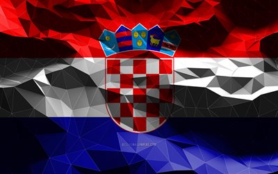 4k, drapeau croate, art low poly, pays europ&#233;ens, symboles nationaux, drapeau de la Croatie, drapeaux 3D, Croatie, Europe, drapeau 3D de la Croatie