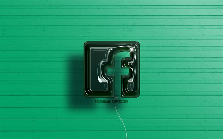 Facebookの3Dロゴ, 4K, ソーシャルネットワーク, 濃い緑色のリアルな風船, Facebookのロゴ, 緑の木製の背景, Facebook