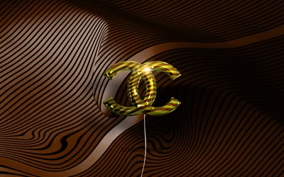 Chanel 3D logo, 4K, golden realistic balloons, fashion brands, Chanel logo, brown wavy backgrounds, Chanel