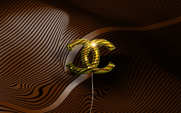 Logo Chanel 3D, 4K, ballons r&#233;alistes dor&#233;s, marques de mode, logo Chanel, arri&#232;re-plans ondul&#233;s bruns, Chanel