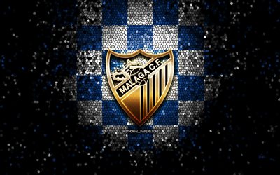 Malaga FC, glitter logo, La Liga 2, blue white checkered background, Segunda, soccer, spanish football club, Malaga logo, mosaic art, football, LaLiga 2, Malaga CF