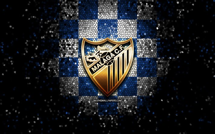Download wallpapers Malaga FC, glitter logo, La Liga 2, blue white checkered background, Segunda, soccer, spanish football club, Malaga logo, mosaic art, football, LaLiga 2, Malaga CF for desktop free. Pictures for