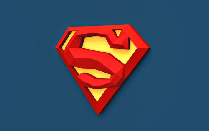 Superman 3D logo, 4K, minimal, logo Superman, supereroi, sfondi blu, creativo, Superman