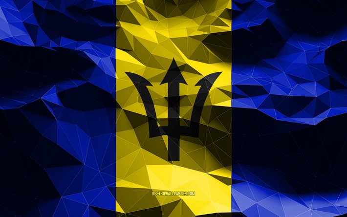 4k, drapeau de la Barbade, du low poly art, les pays d&#39;Am&#233;rique du Nord, les symboles nationaux, le Drapeau de la Barbade, de la 3D, des drapeaux, de la Barbade, de l&#39;Am&#233;rique du Nord, de la Barbade 3D drapeau