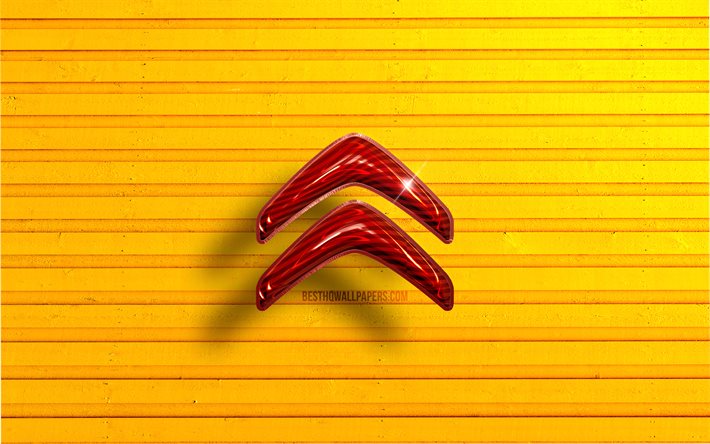 Citroen logo, 4K, rouge r&#233;aliste des ballons, des marques de voitures, Citroen logo 3D, bois jaune milieux, Citroen